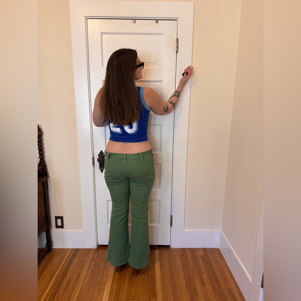 70s Vintage Snap Fly Low Waist Flared Green Jeans Sz M - Picture 3 of 8